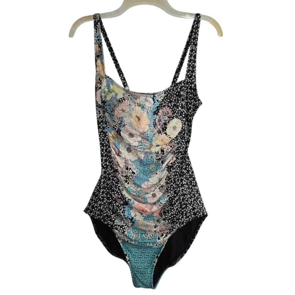 Johnny Was Mila Moody Floral Ruched One-Piece Swimsuit 1X Flattering Square Neck - Picture 4 of 10